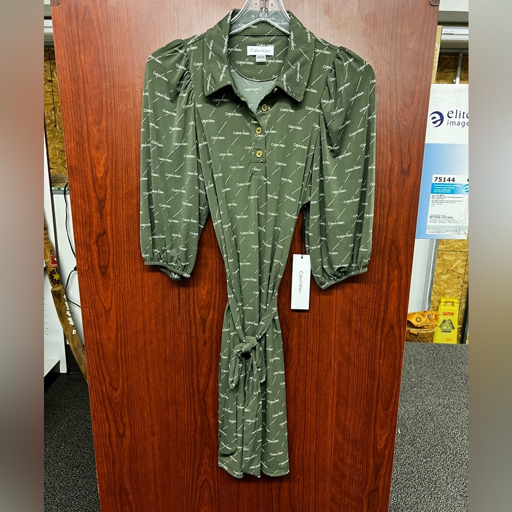 Calvin Klein All Over Logo STRETCH Belted Shirt Dress (Size 8) NWT MSRP $119